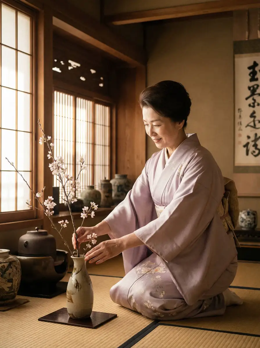 一位优雅的 彩富体育平台 在和室中插花